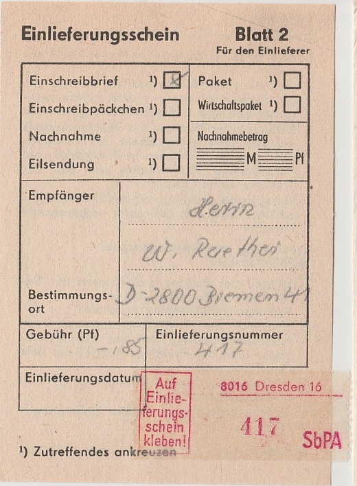 zugehöriger Einlieferungsschein zugehöriger Einlieferungsschein